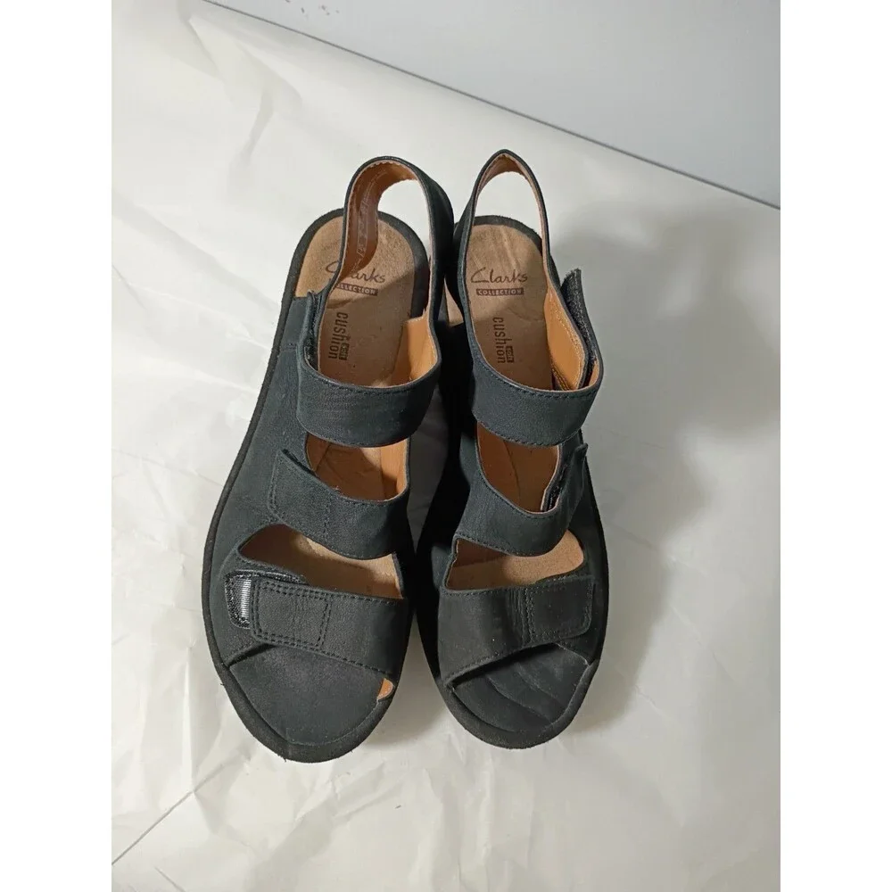 CLARKS BLACK SUEDE PLATFORM WEDGE SLINGBACK OPEN-TOE Adjustable SANDALS WOMEN 7M